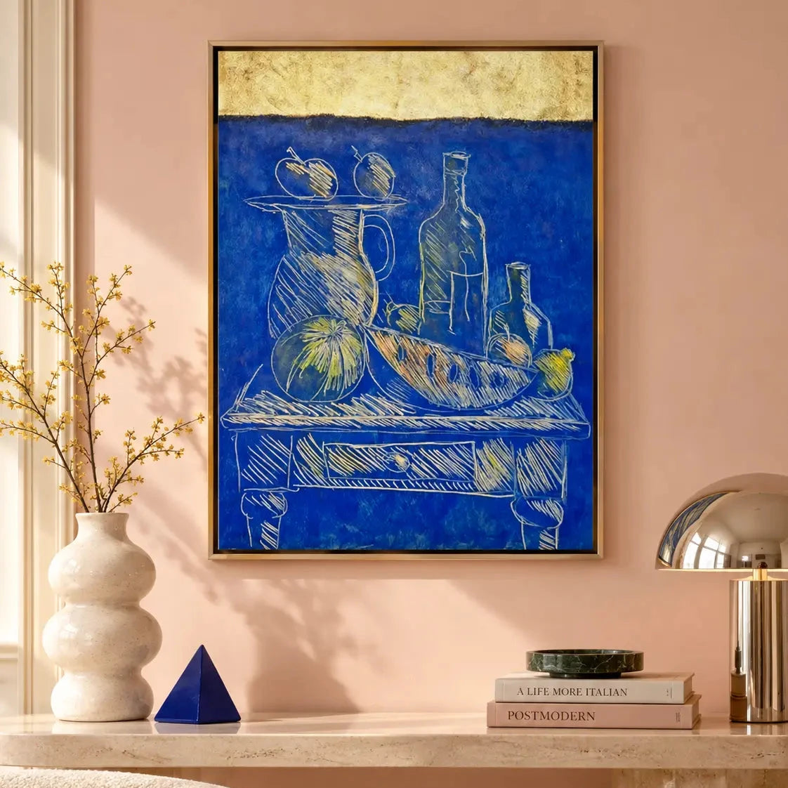 Nature morte sur fond bleu outremer et dorure, Patrick Le Flohic, tableau original 79 x 59 cm