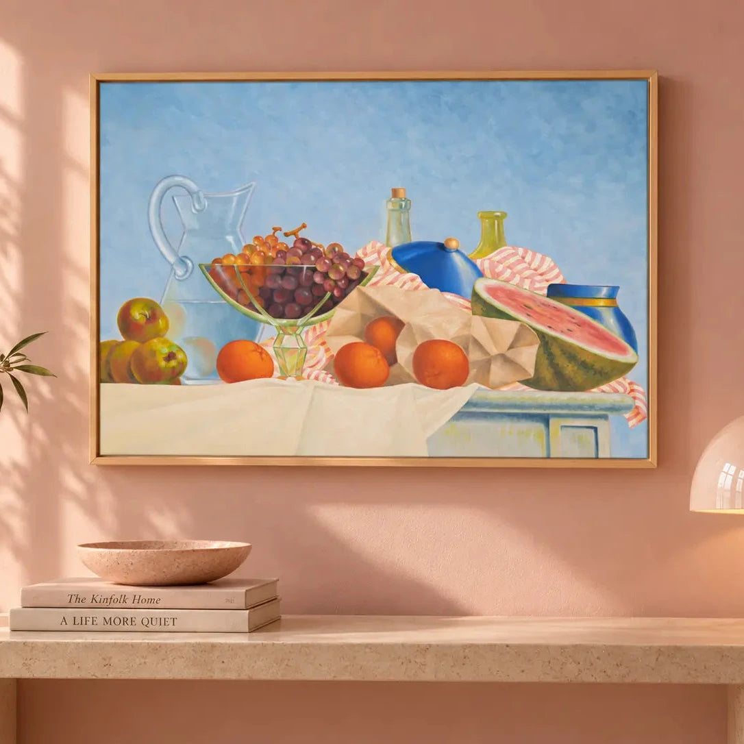 Nature morte à la pastèque et aux raisins, Patrick Le Flohic, tableau original 79 x 59 cm