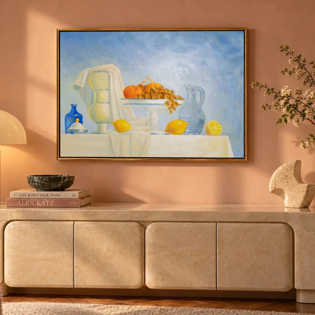 Nature morte aux agrumes et à la carafe, Patrick Le Flohic, tableau original 79 x 59 cm