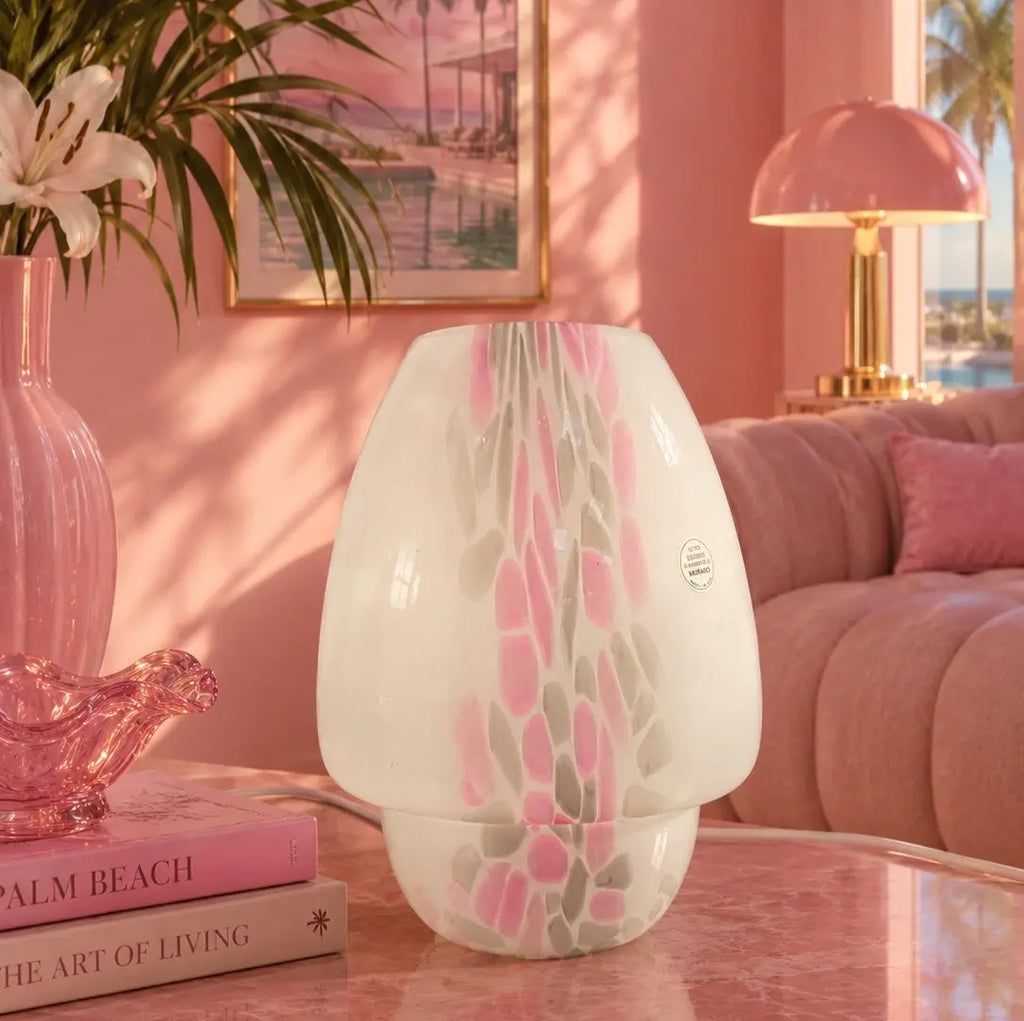 Lampe champignon vintage en verre de Murano blanc, rose et gris, années 70