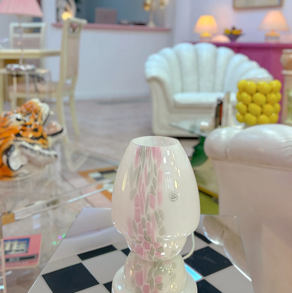 Lampe champignon vintage en verre de Murano blanc, rose et gris, années 70