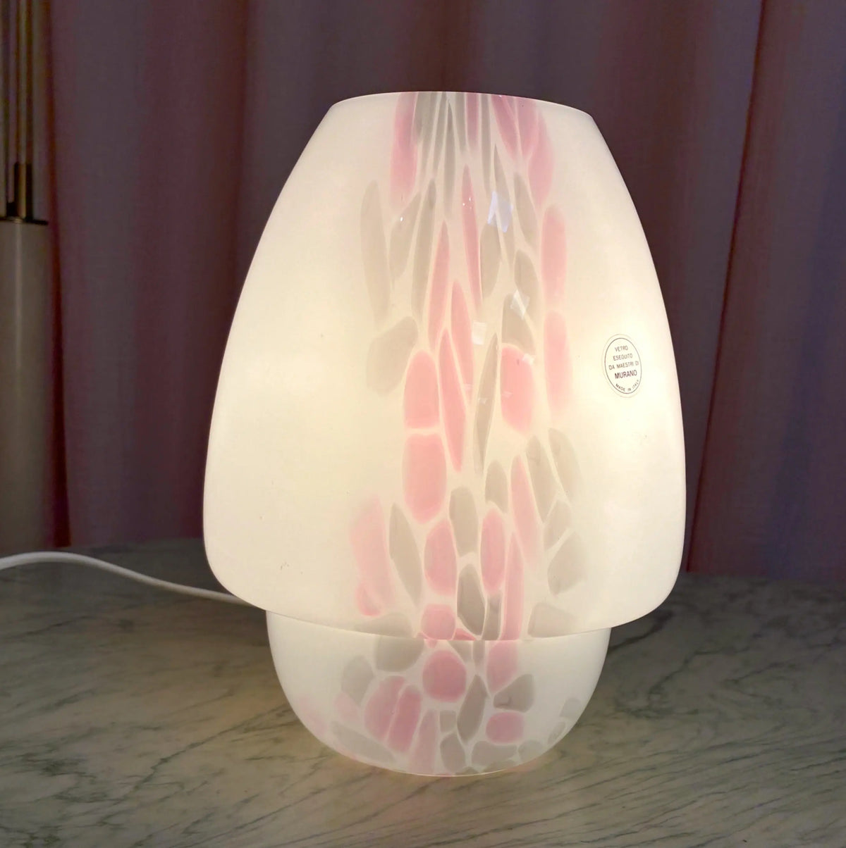 Lampe champignon vintage en verre de Murano blanc, rose et gris, années 70