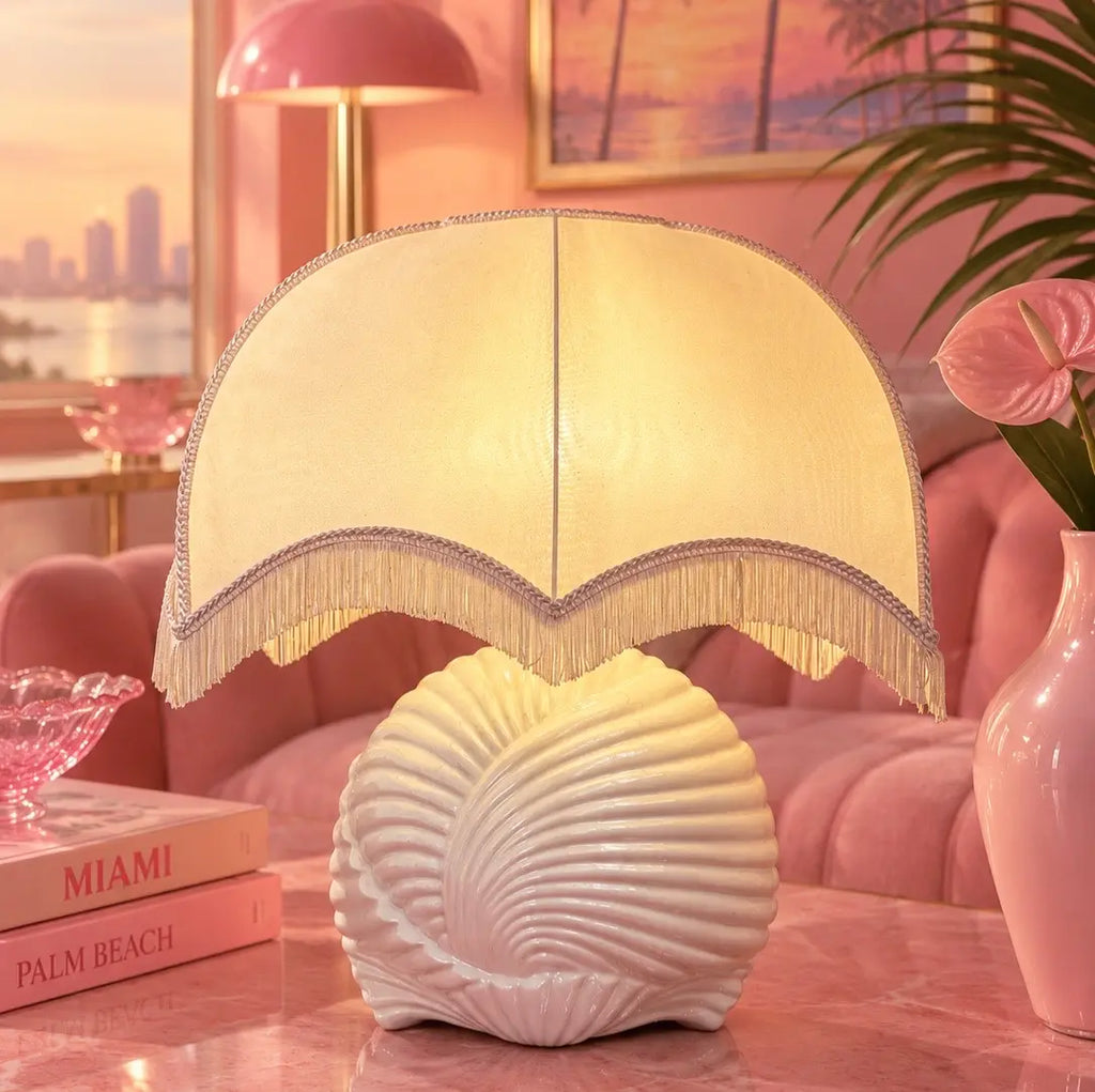Italian mother-of-pearl ceramic shell lamp with fringed shade, 70s