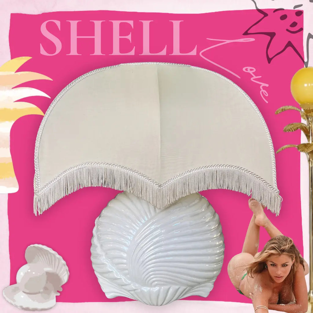 Lampe coquillage en céramique nacrée italienne, abat-jour franges, années 70