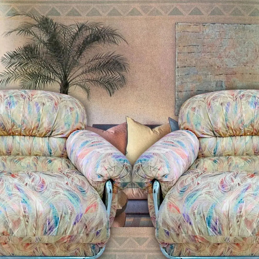 Paire de fauteuils vintage, tube chromé, tissu jacquard pastel, design italien années 70-80