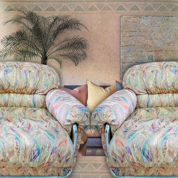 Paire de fauteuils vintage, tube chromé, tissu jacquard pastel, design italien années 70-80