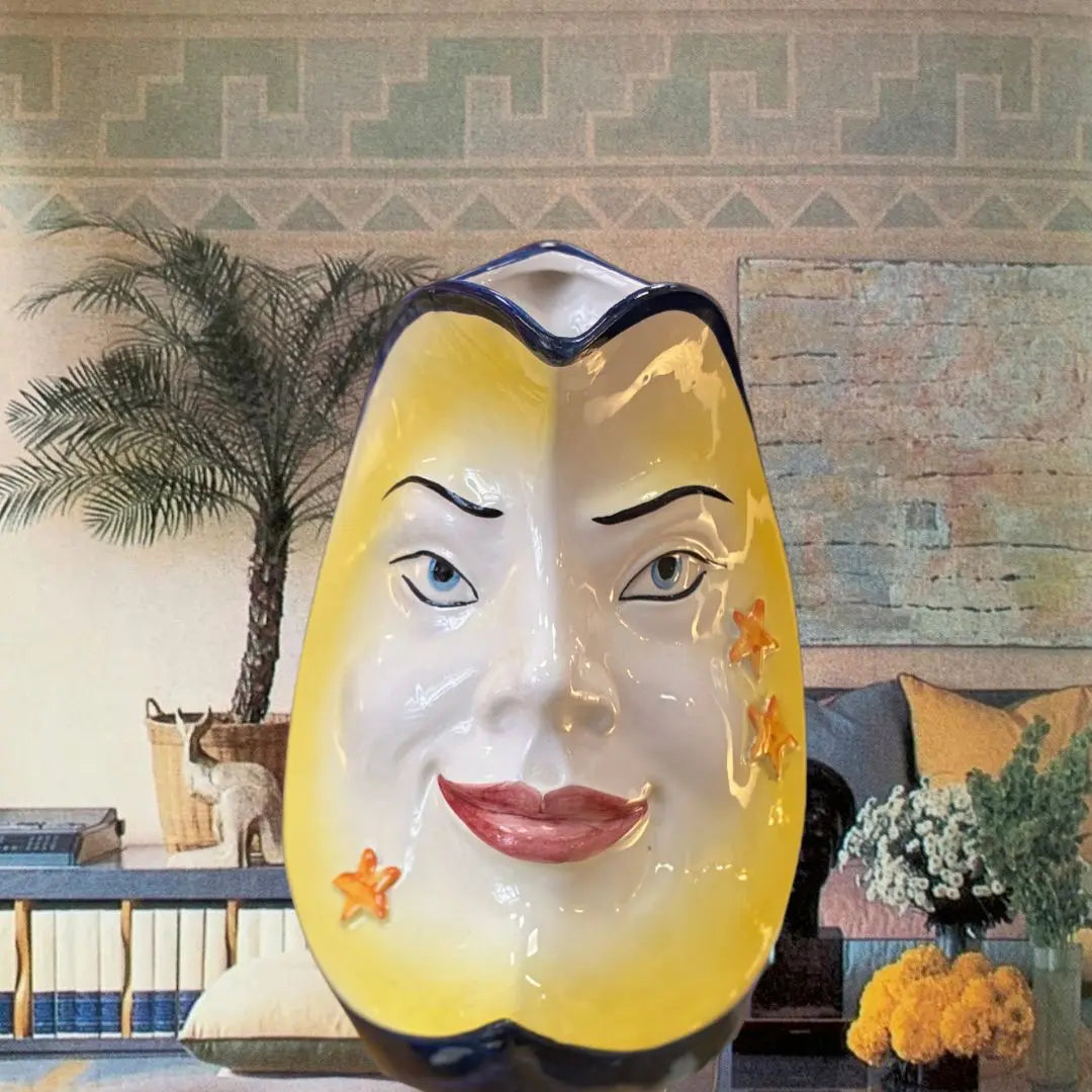 Pichet vintage en céramique italienne, visage lune, Bassano, années 70