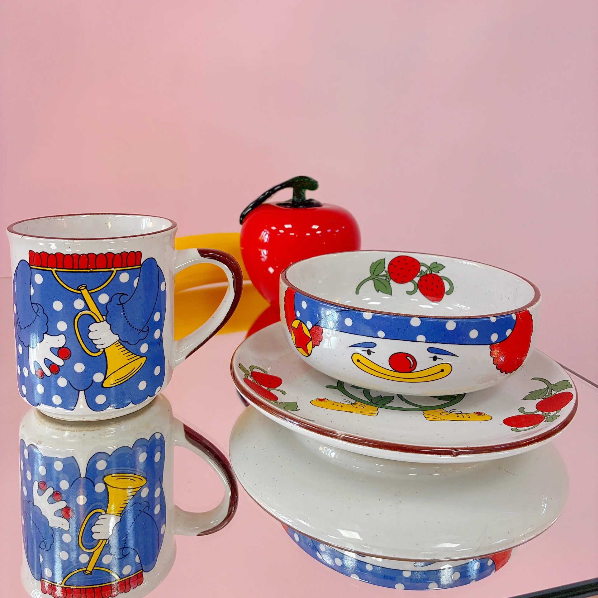 Service petit-déjeuner vintage clown en grès, années 70-80 