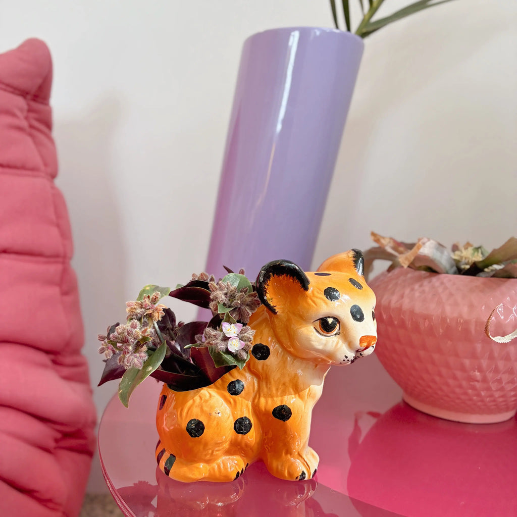 Cache pot léopard céramique vintage, peint à la main, années 70