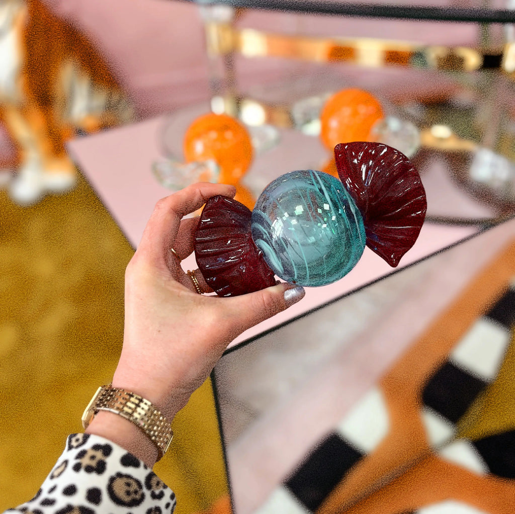 Bonbon décoratif vintage en verre bleu et bordeaux, style Murano, Club Barbara
