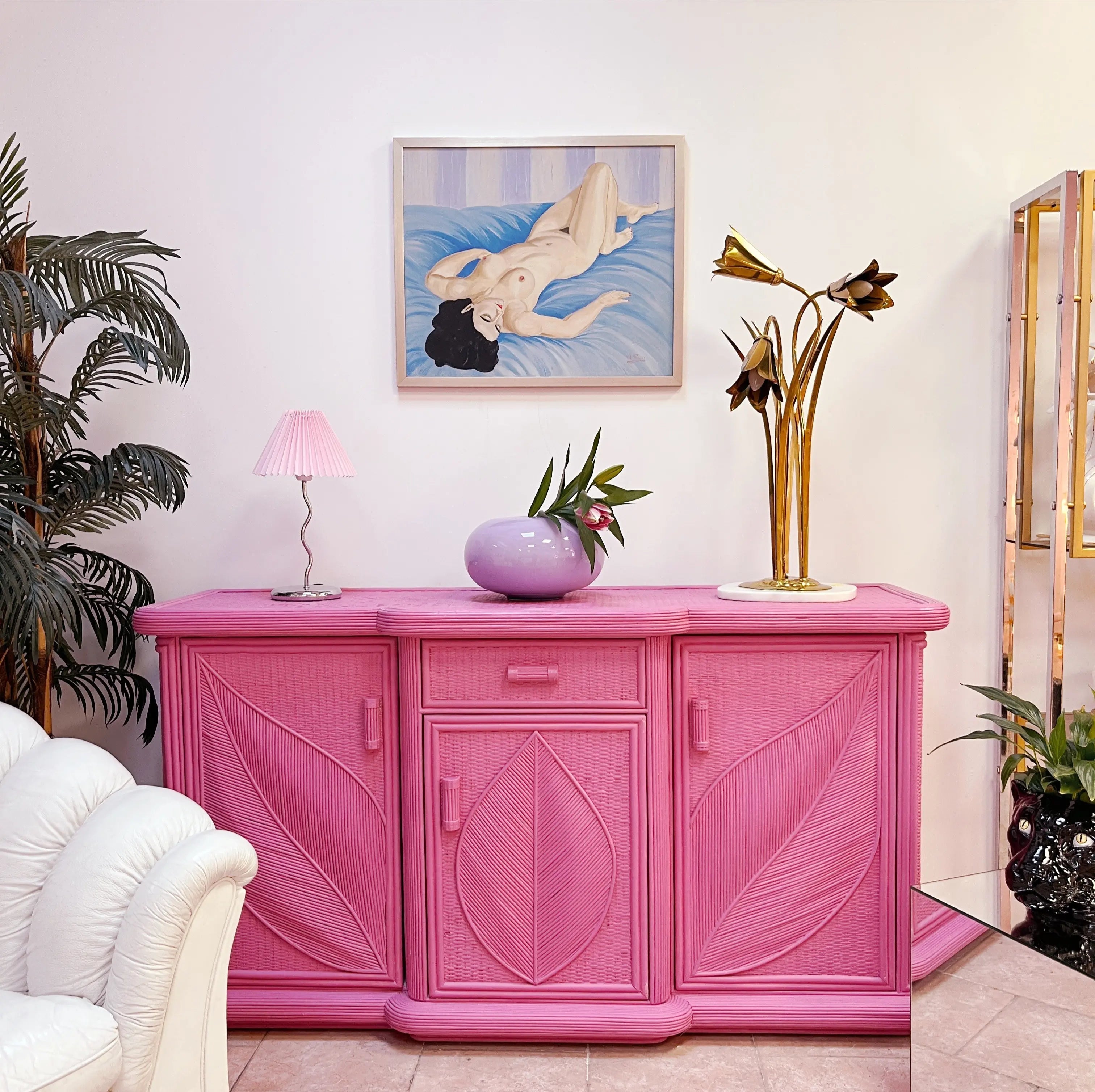 Buffet vintage esprit Vivai del Sud en rotin rose, Club Barbara
