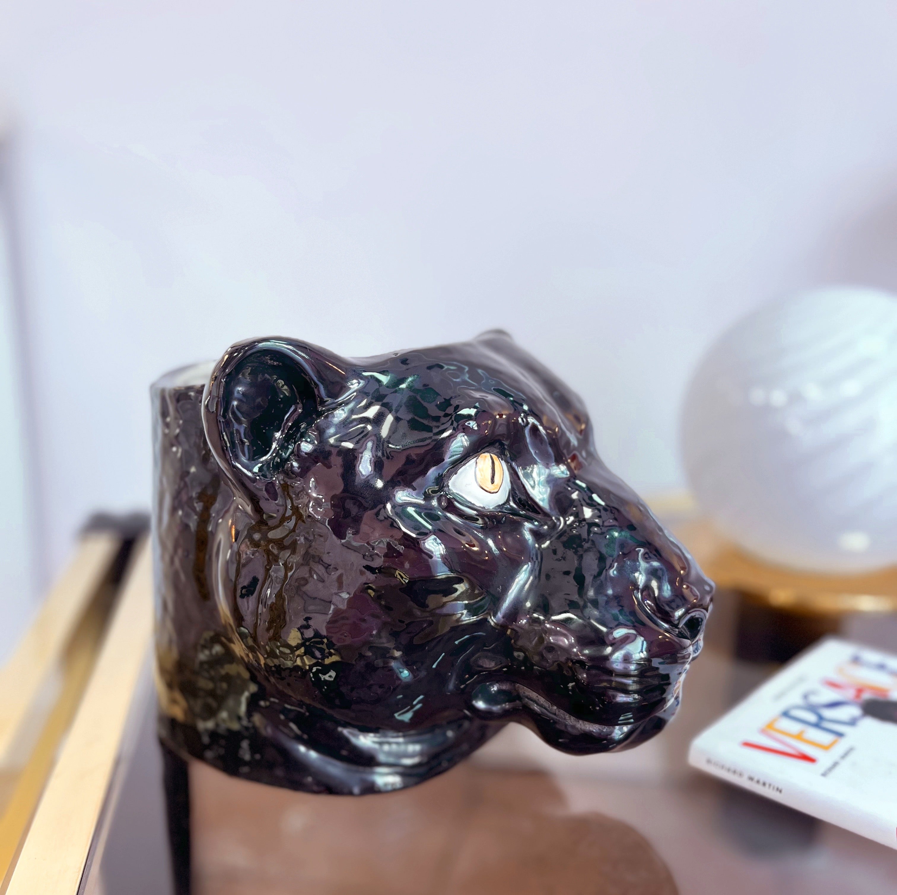 Cache-pot Panthère Noire en Céramique Émaillée, Années 80