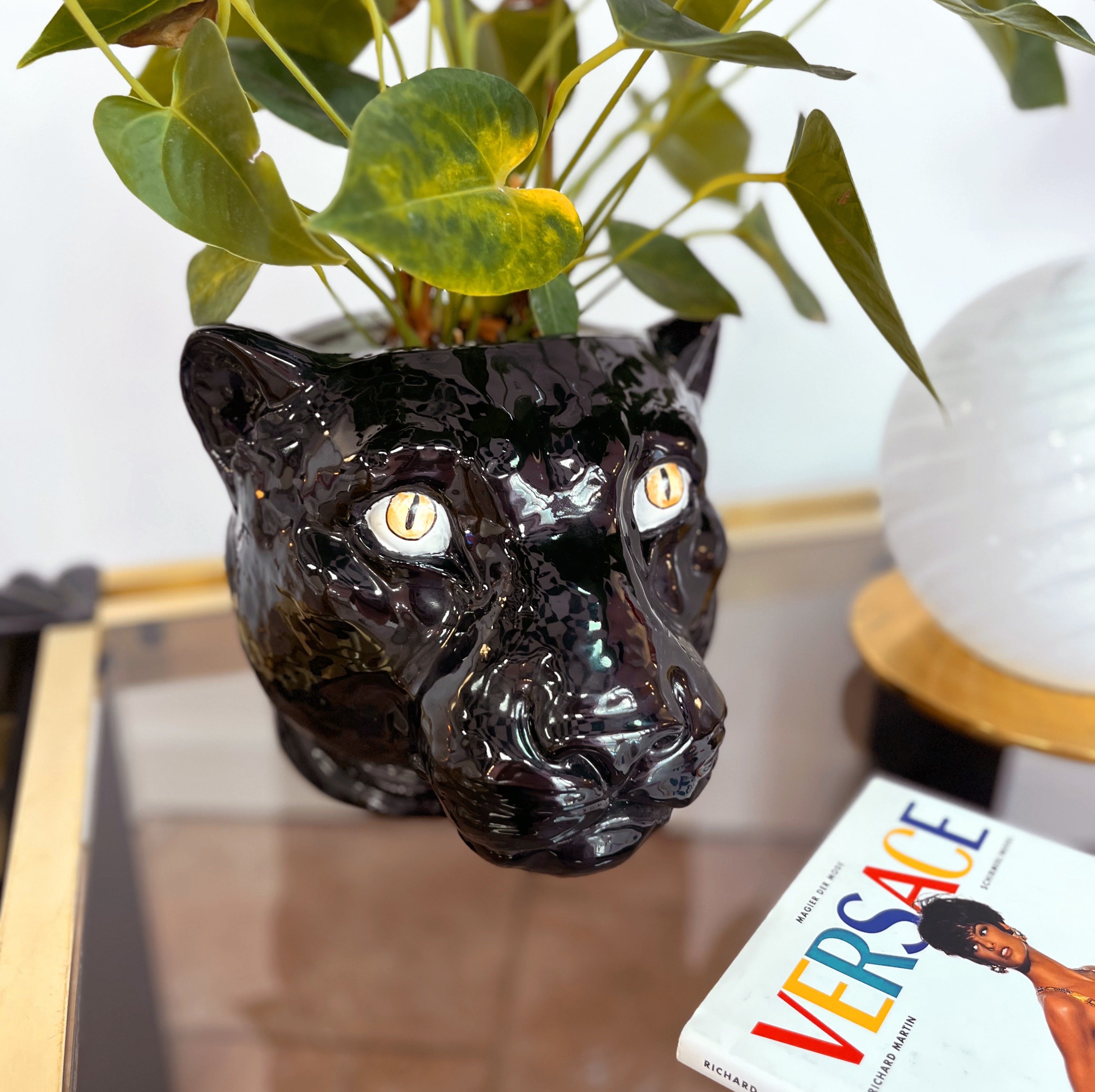 Cache-pot Panthère Noire en Céramique Émaillée, Années 80