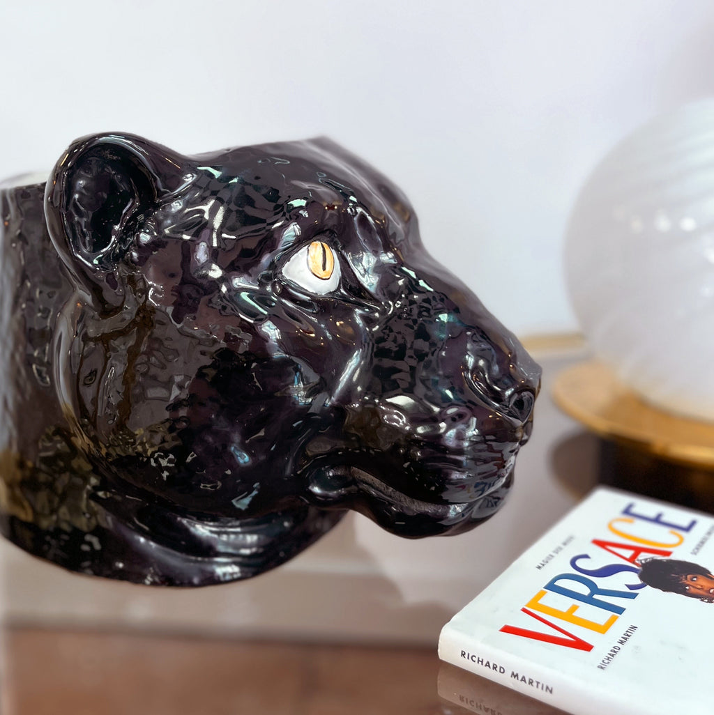 Cache-pot panthère noire vintage en céramique italienne émaillée, années 80, style Hollywood Regency – Club Barbara