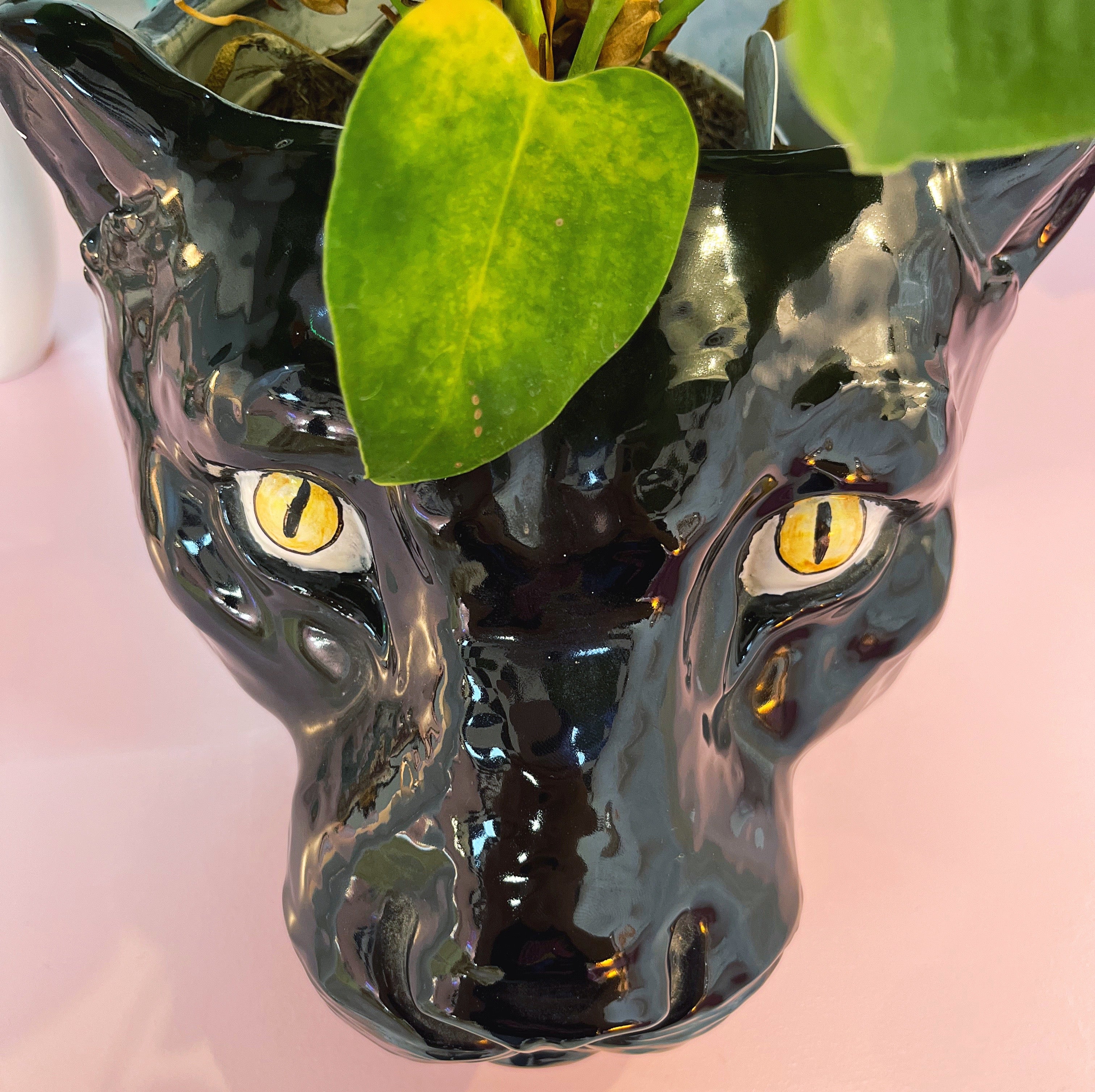 Cache-pot Panthère Noire en Céramique Émaillée, Années 80