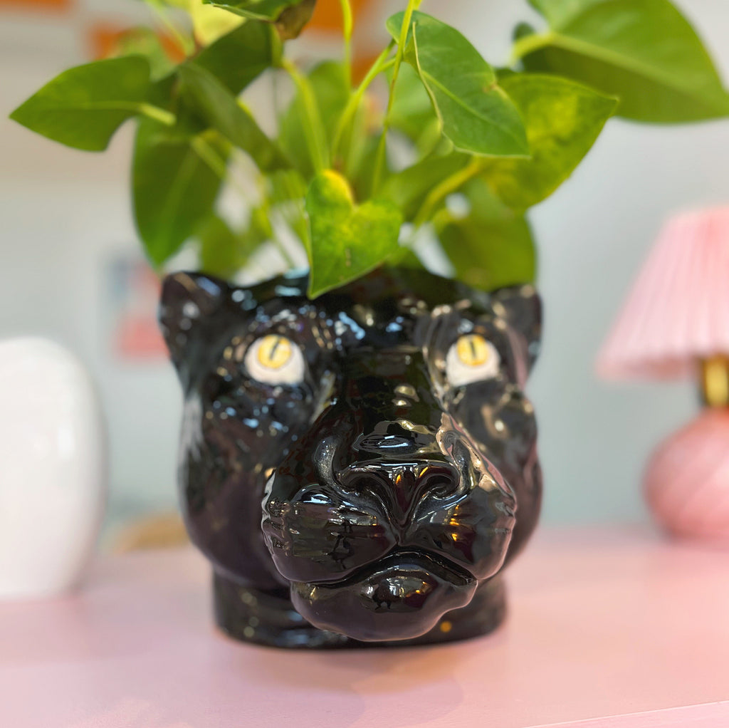 Cache-pot Panthère Noire en Céramique Émaillée, Années 80