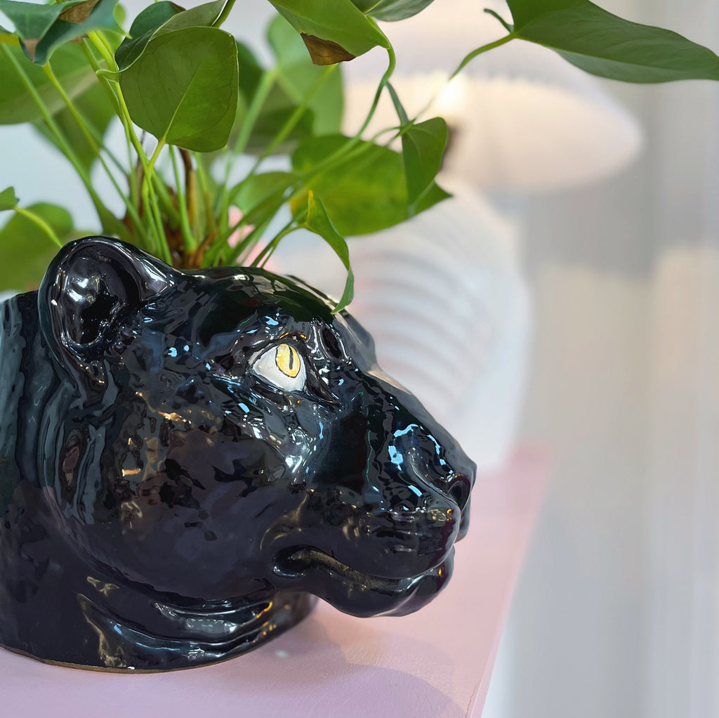 Cache-pot Panthère Noire en Céramique Émaillée, Années 80