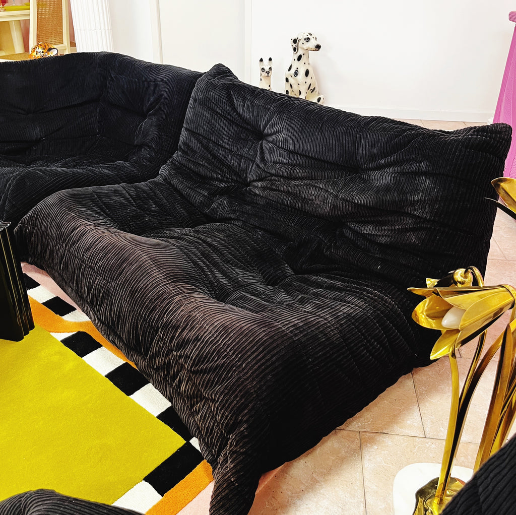 Togo vintage 70’s en velours côtelé noir, canapé 2 places