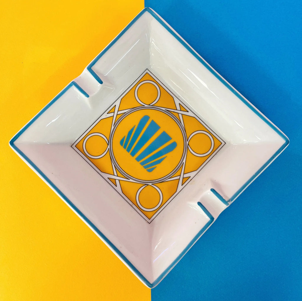 Cendrier ou vide-poche en céramique, jaune et bleu, années 70 - Club Barbara