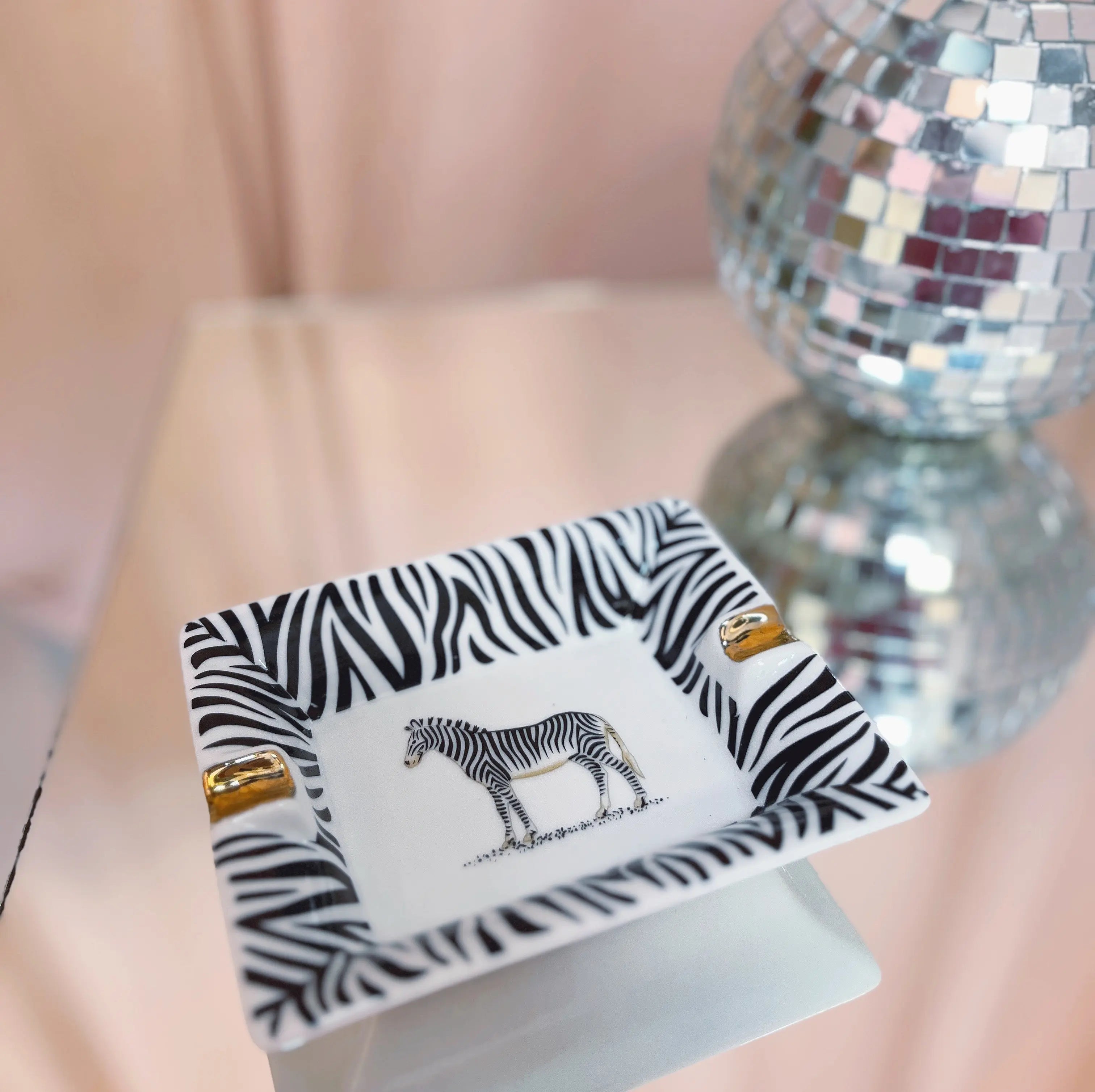 Cendrier zèbre noir et blanc doré vintage années 1980 Club Barbara