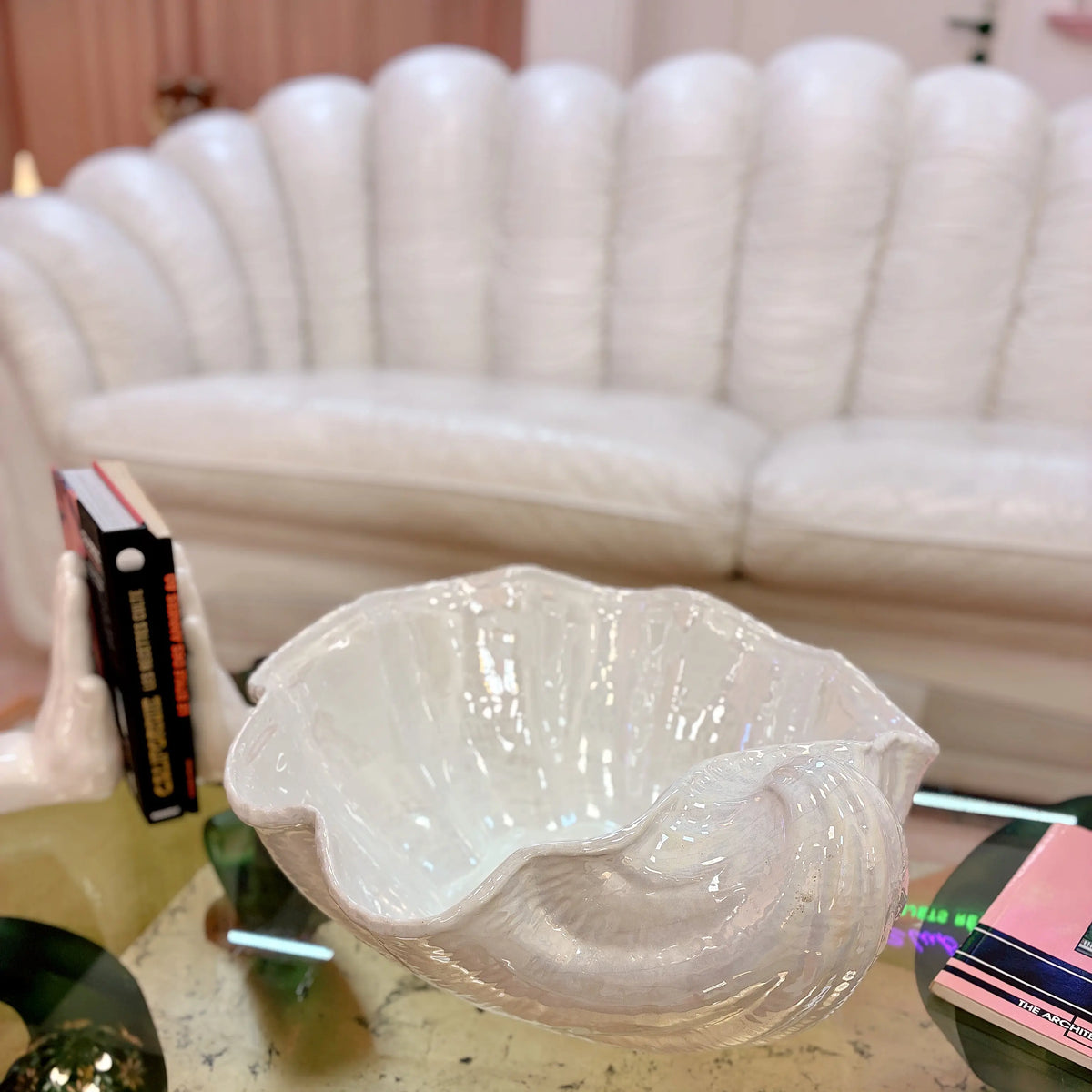 Grande coupe coquillage vintage en céramique italienne irisée, Bassano, années 80