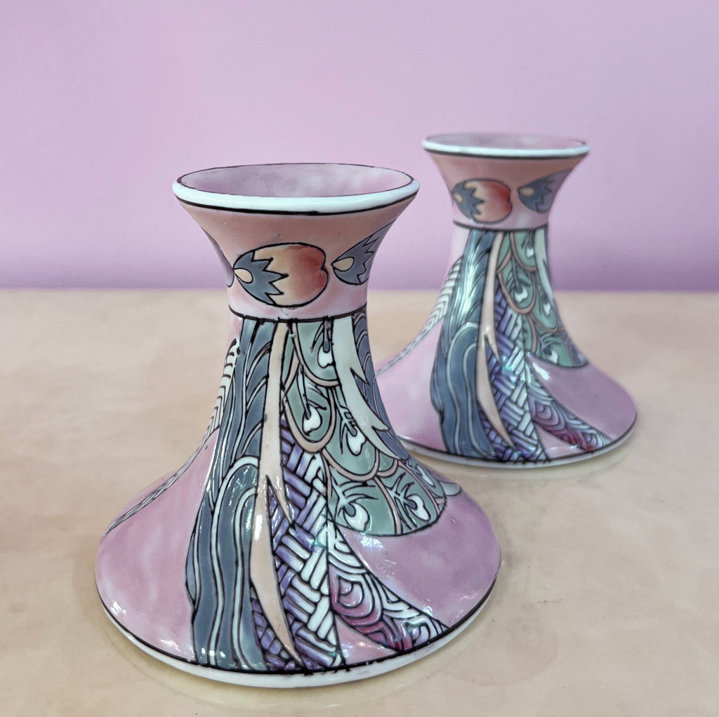 Paire de bougeoirs pastel, Porcelaine de Macao, années 80