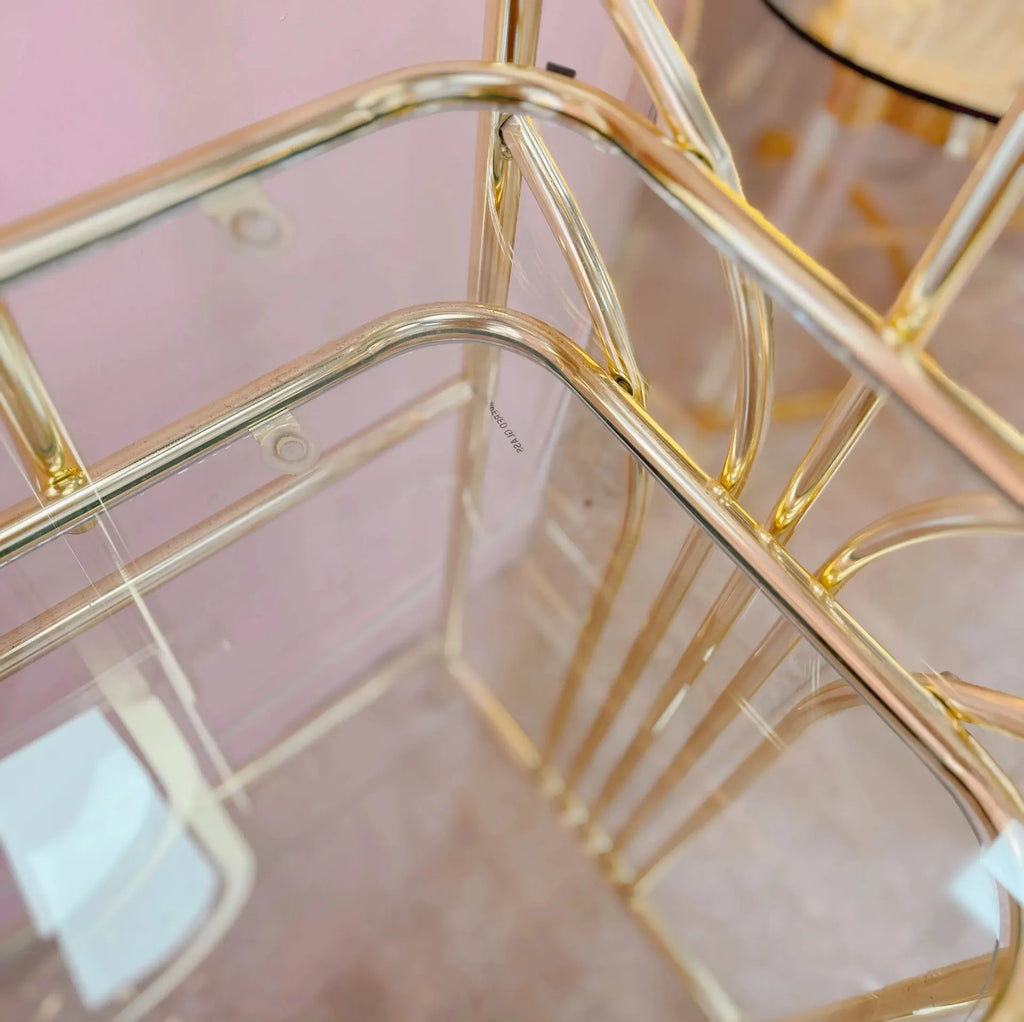 Coiffeuse vintage en laiton et verre, avec fauteuil en velours rose, années 80 - Club Barbara