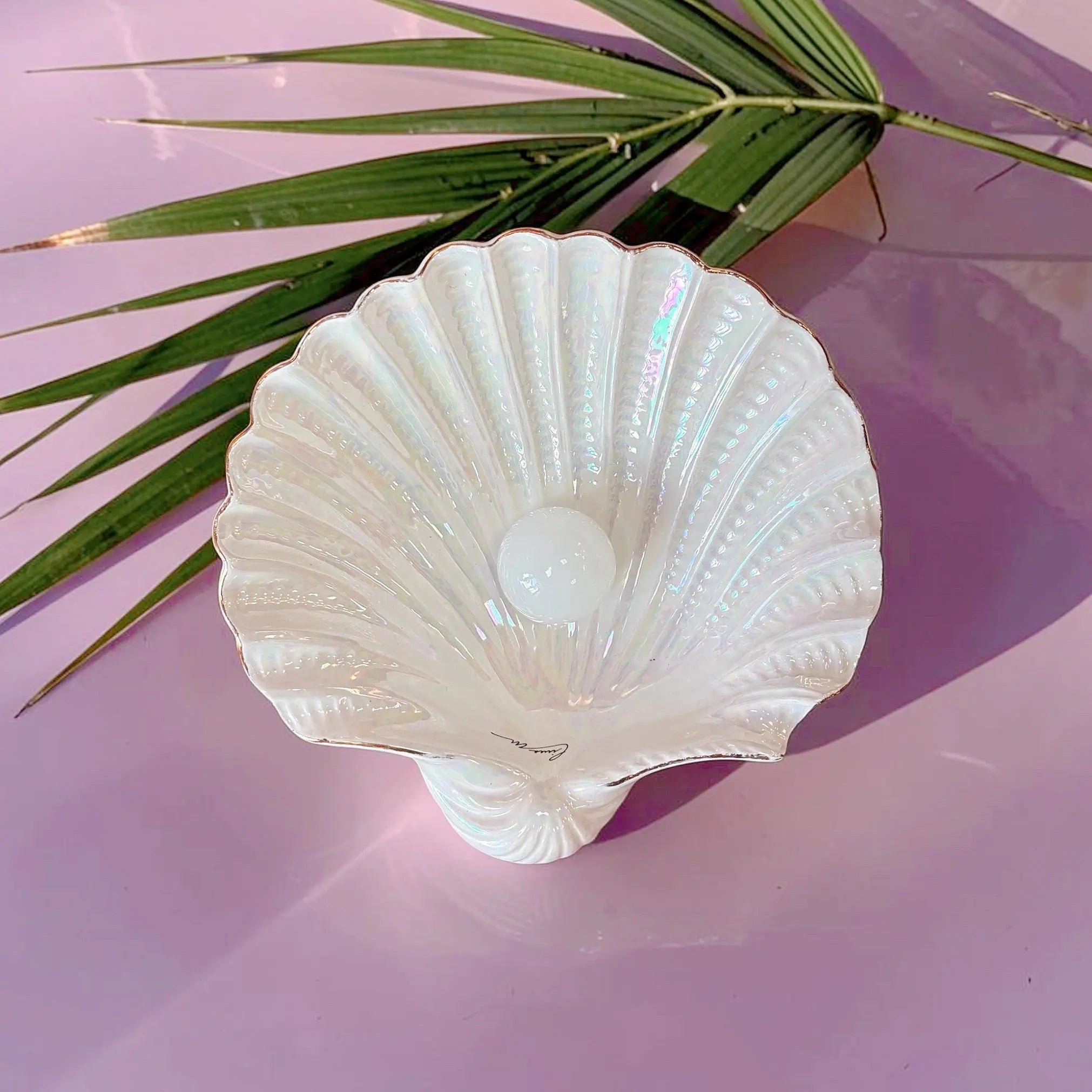 Coupe coquillage vintage en céramique nacrée, vide-poche doré, Italie, années 70