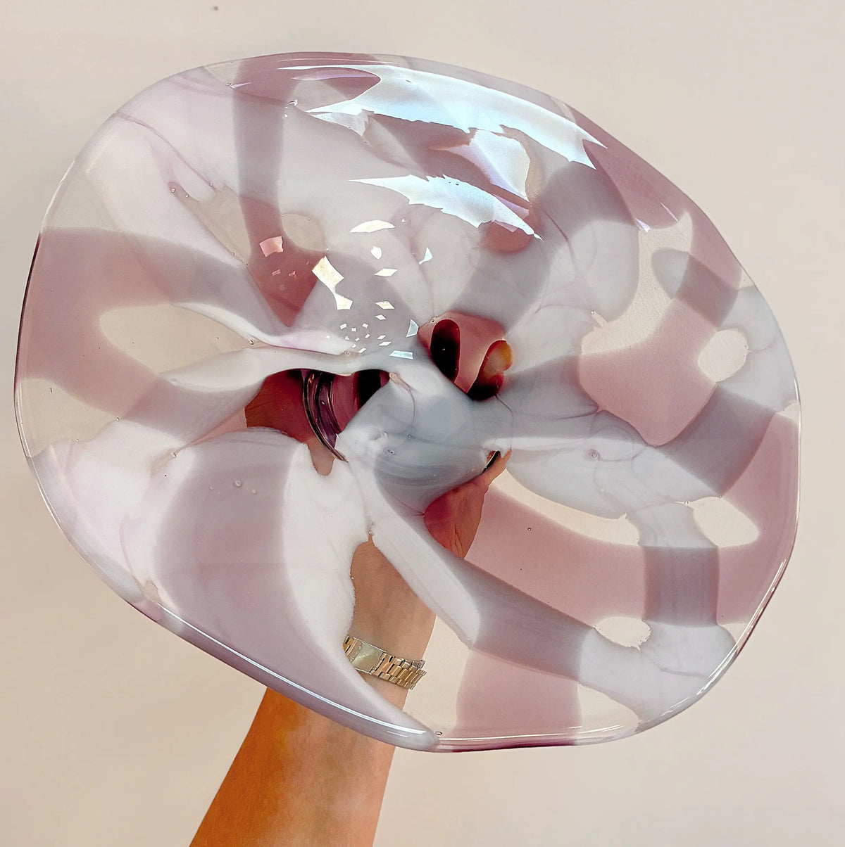 Grande coupe vintage en verre de Murano, opaline rose et blanche, centre de table, années 70