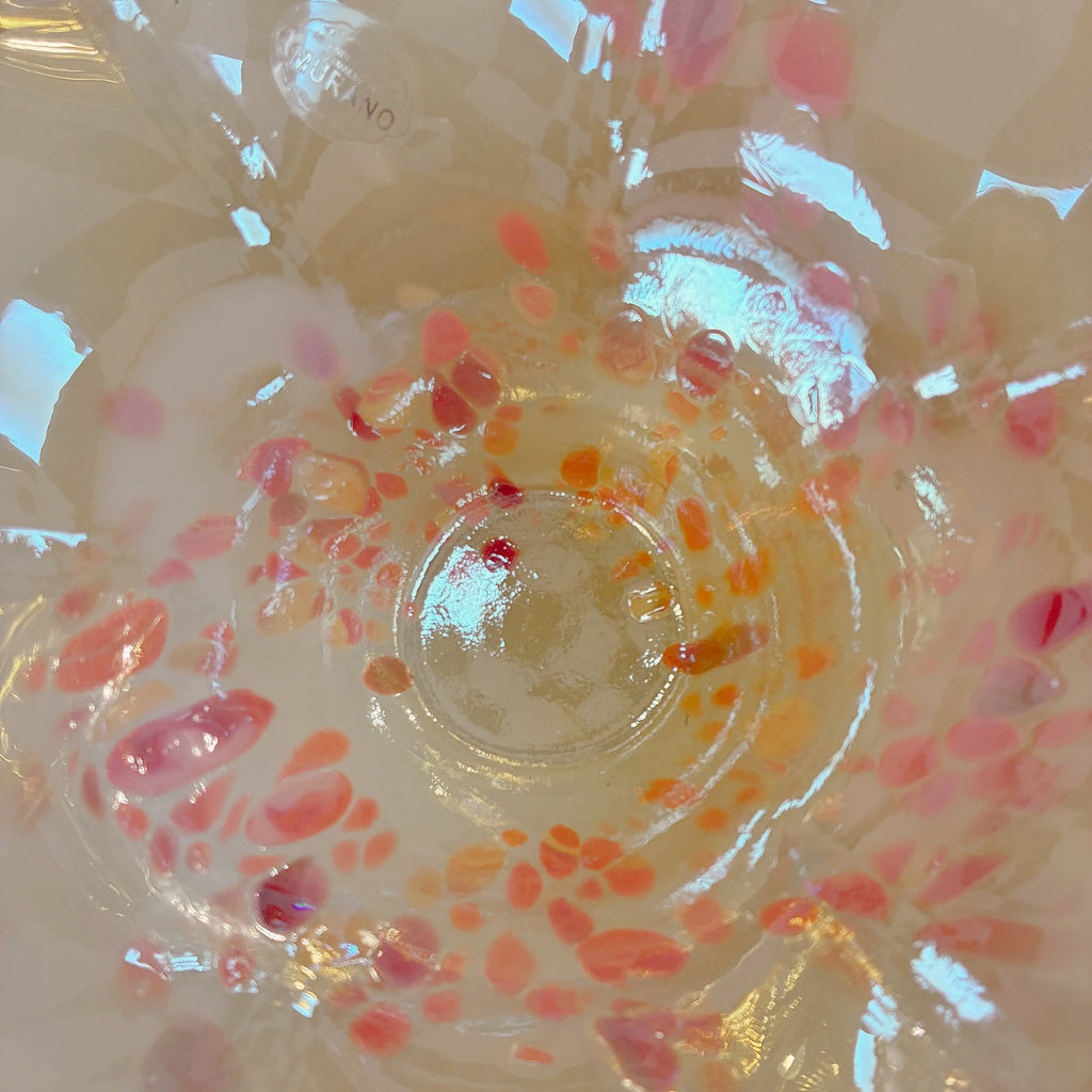 Coupe vintage style Murano en verre irisé, rose et pastel, bord ondulé, années 80