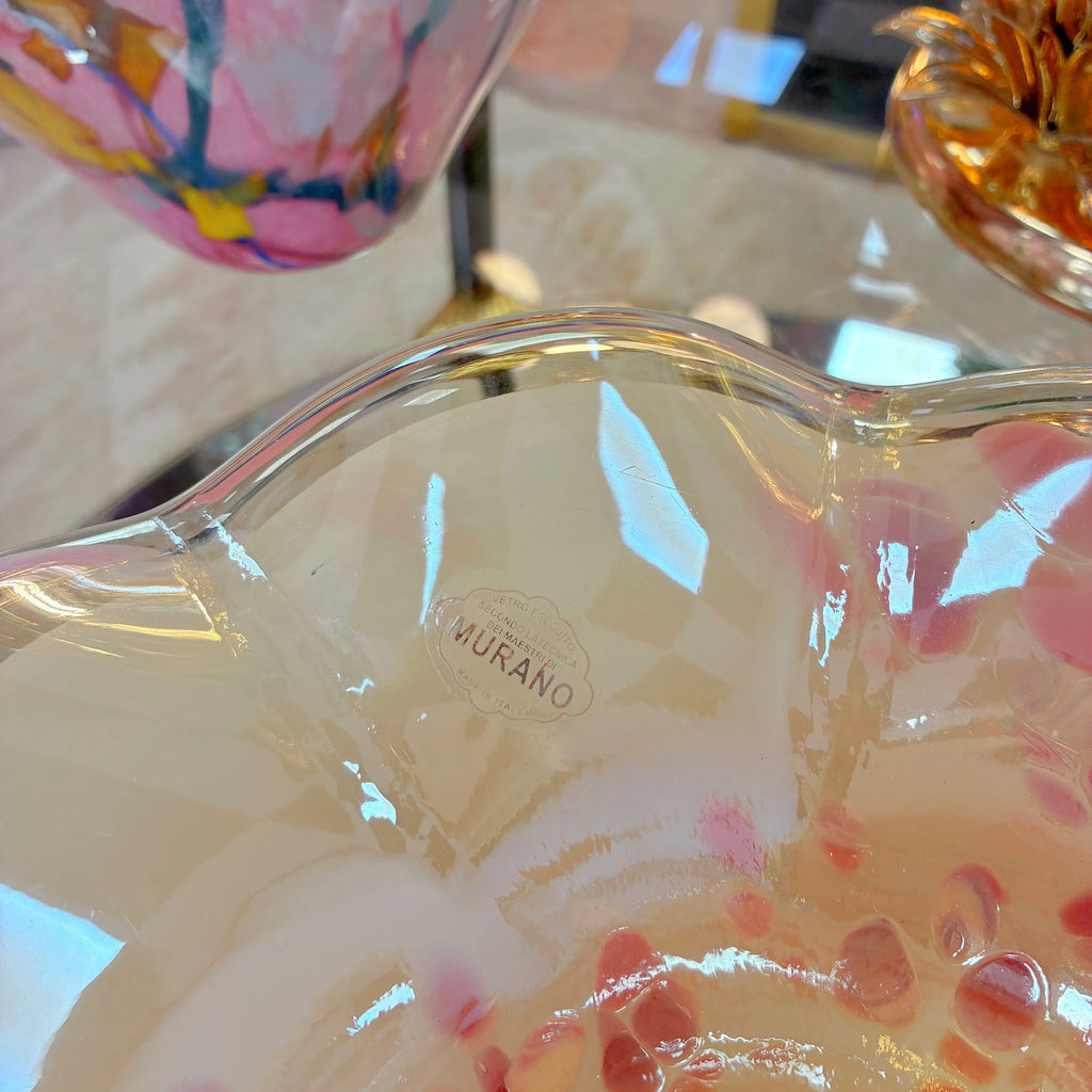 Coupe vintage style Murano en verre irisé, rose et pastel, bord ondulé, années 80