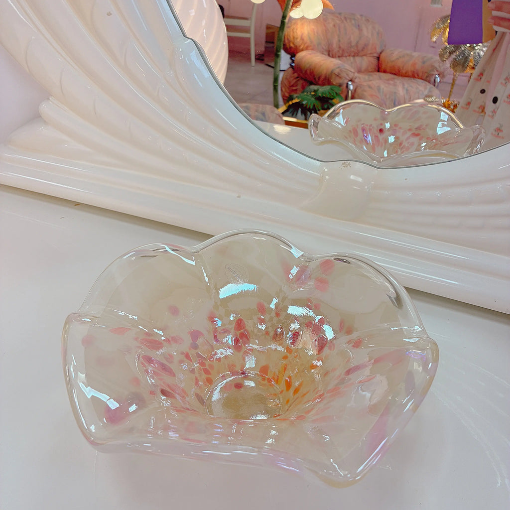 Coupe vintage style Murano en verre irisé, rose et pastel, bord ondulé, années 80