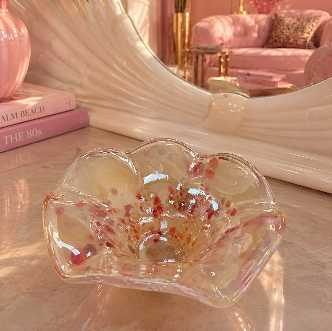 Coupe vintage style Murano en verre irisé, rose et pastel, bord ondulé, années 80
