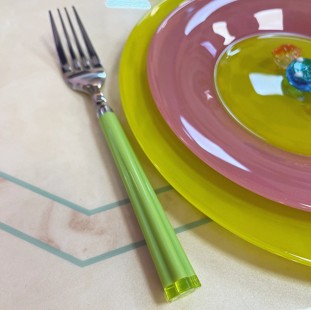 Fourchette Luminarc stainless steel, manches plexiglas vert amande, Club Barbara
