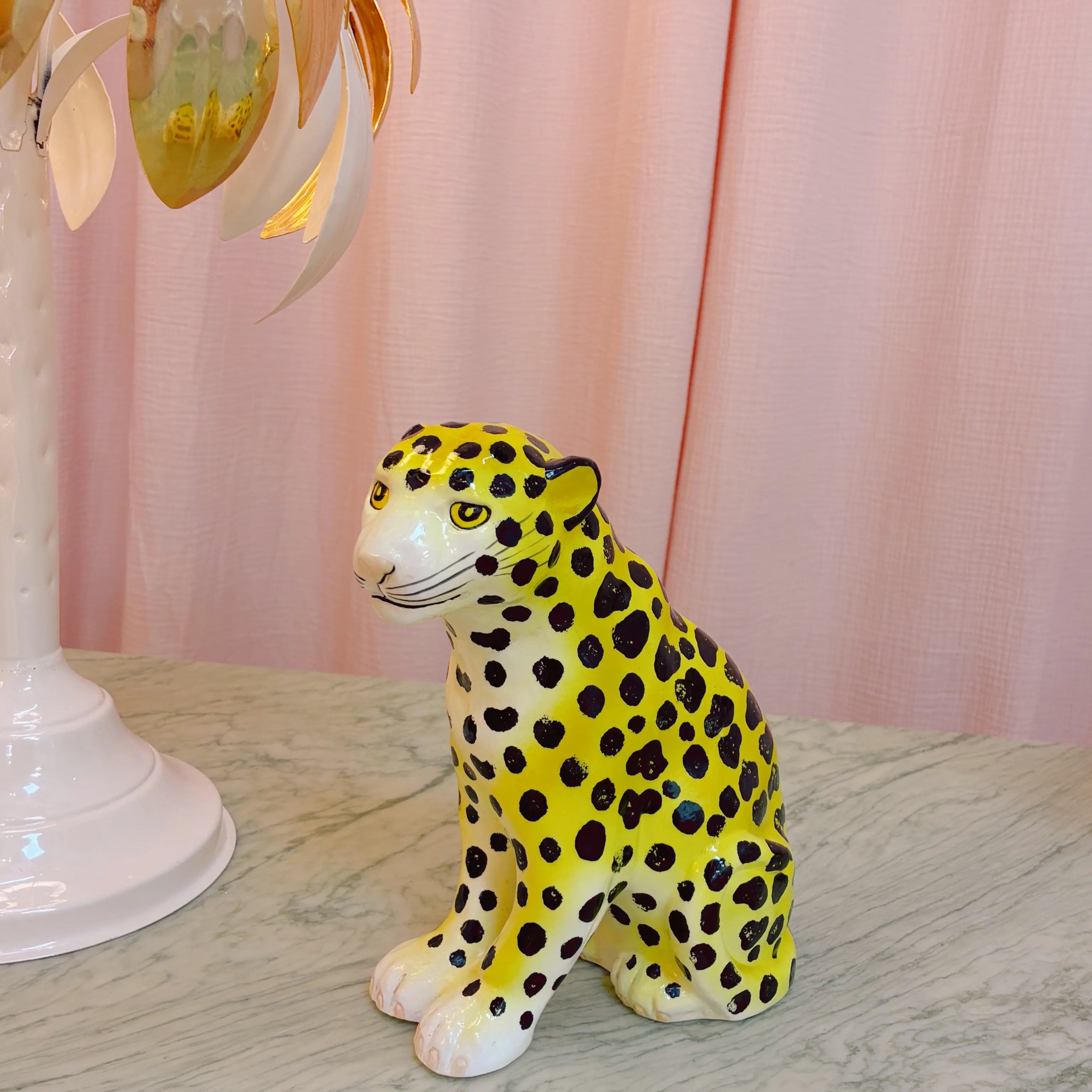 Statue jaguar vintage en céramique italienne émaillée, jaune, années 70