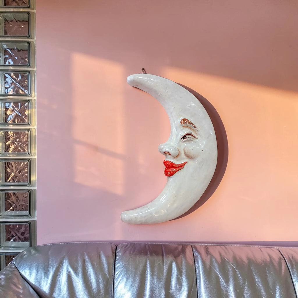 Lune murale en céramique italienne, croissant de lune visage peint à la main, années 80