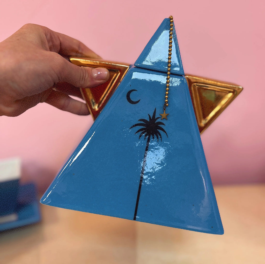 Design italien années 80 service à thé forme pyramide bleu doré Club Barbara