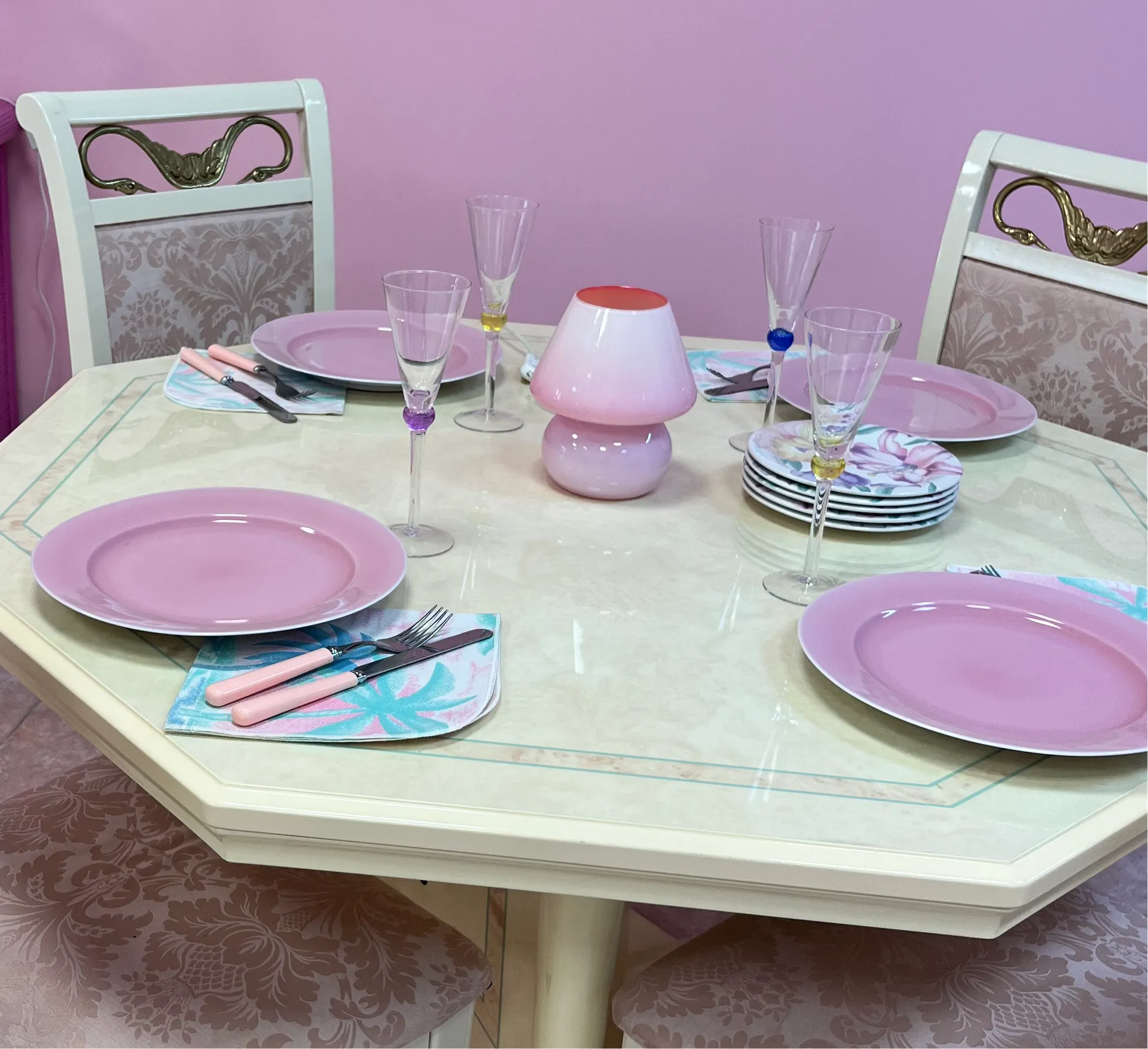 Ensemble de 6 assiettes en porcelaine Bareuther Bavaria, rose dégradé, vintage années 80 - Club Barbara
