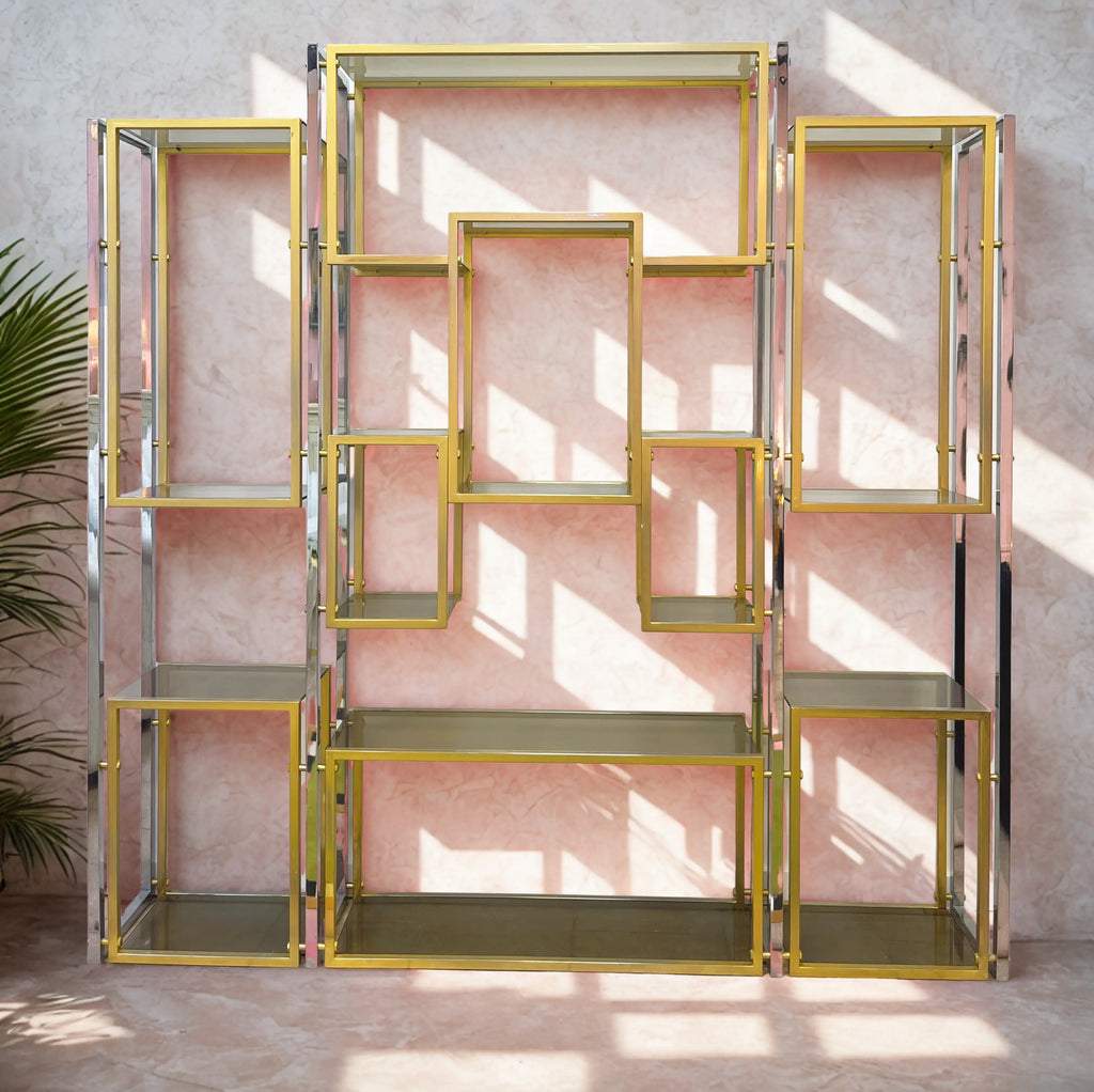 Grande étagère design en laiton, chrome et verre fumé, années 70