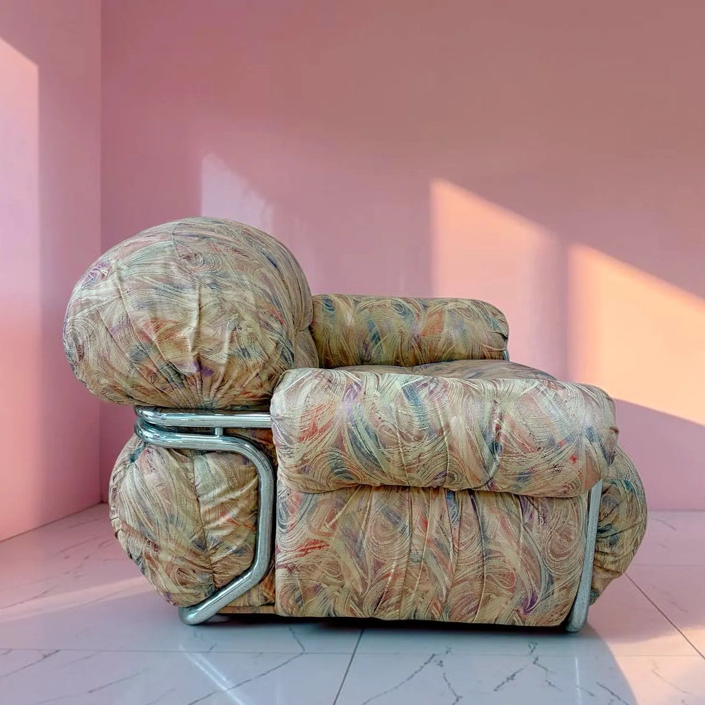 Paire de fauteuils vintage, tube chromé, tissu jacquard pastel, design italien années 70-80