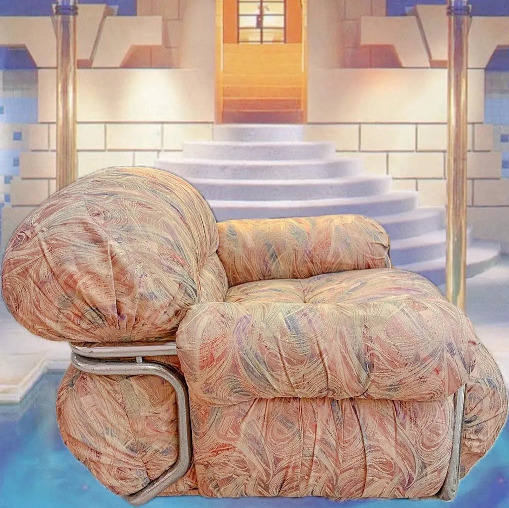 Paire de fauteuils vintage, tube chromé, tissu jacquard pastel, design italien années 70-80