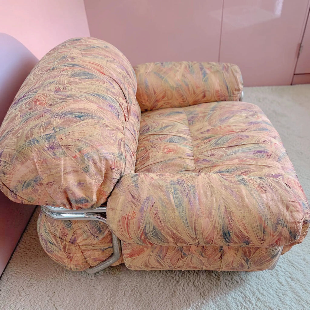 Paire de fauteuils vintage, tube chromé, tissu jacquard pastel, design italien années 70-80