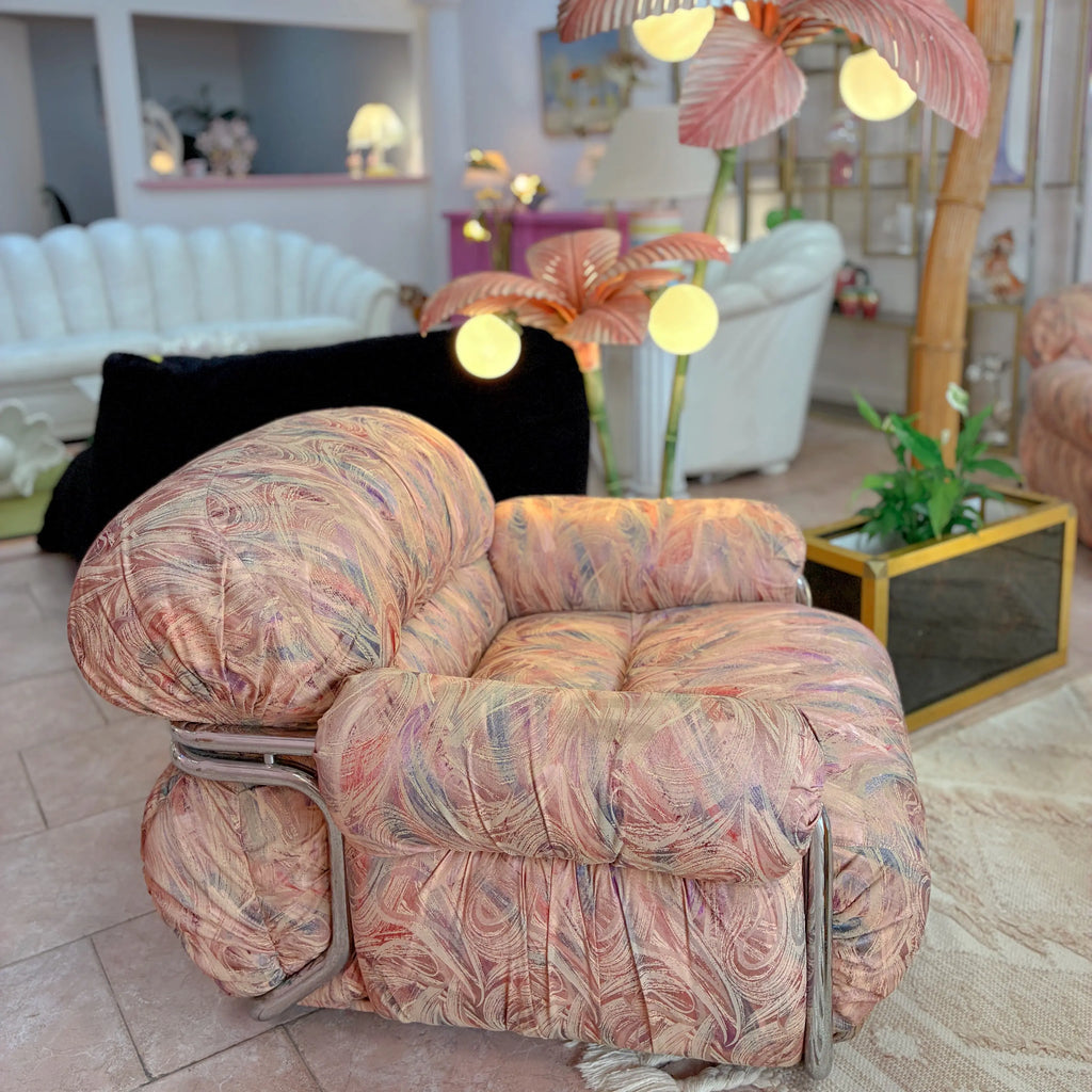 Paire de fauteuils vintage, tube chromé, tissu jacquard pastel, design italien années 70-80