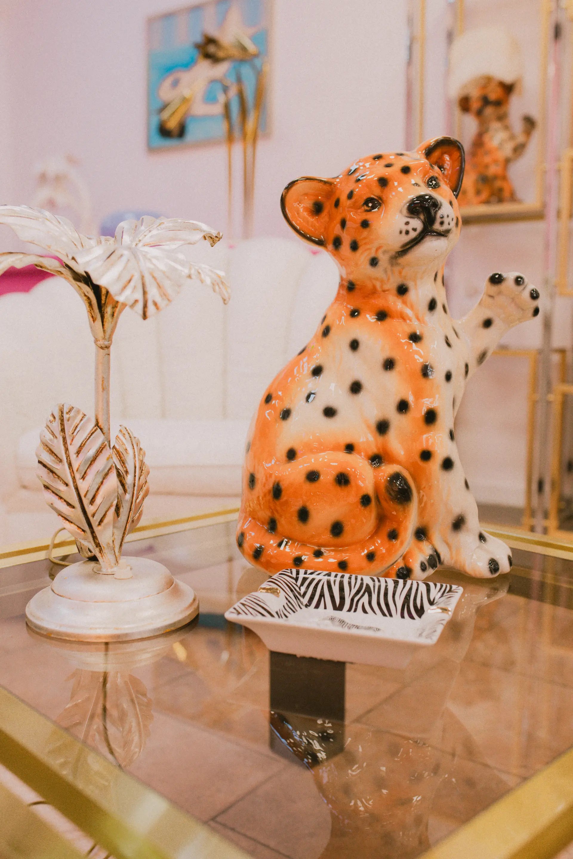 Statues de félins en céramique vintage années 70-80, décoration rétro élégante Club Barbara