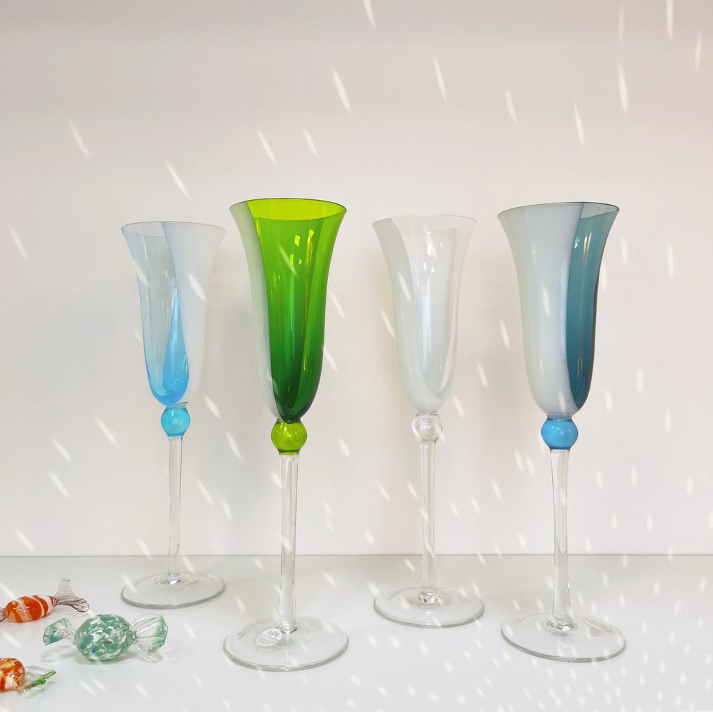 Flûtes en verre soufflé, set de 4, Italie, années 80 - Club Barbara