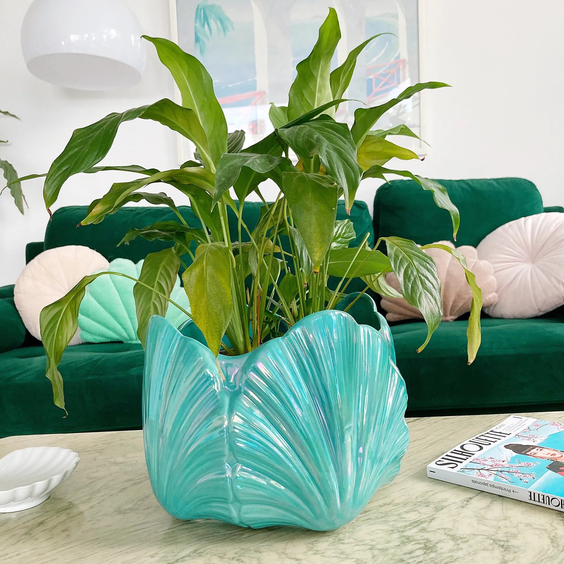 Grand cache-pot coquillage vert iridescent - Club Barbara