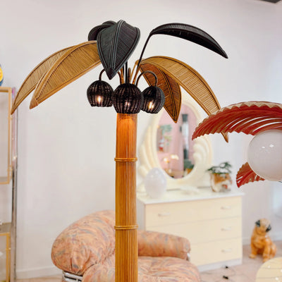 Lampadaire palmier cocotier en rotin, 3 lumières, vintage 70-80, 195 cm