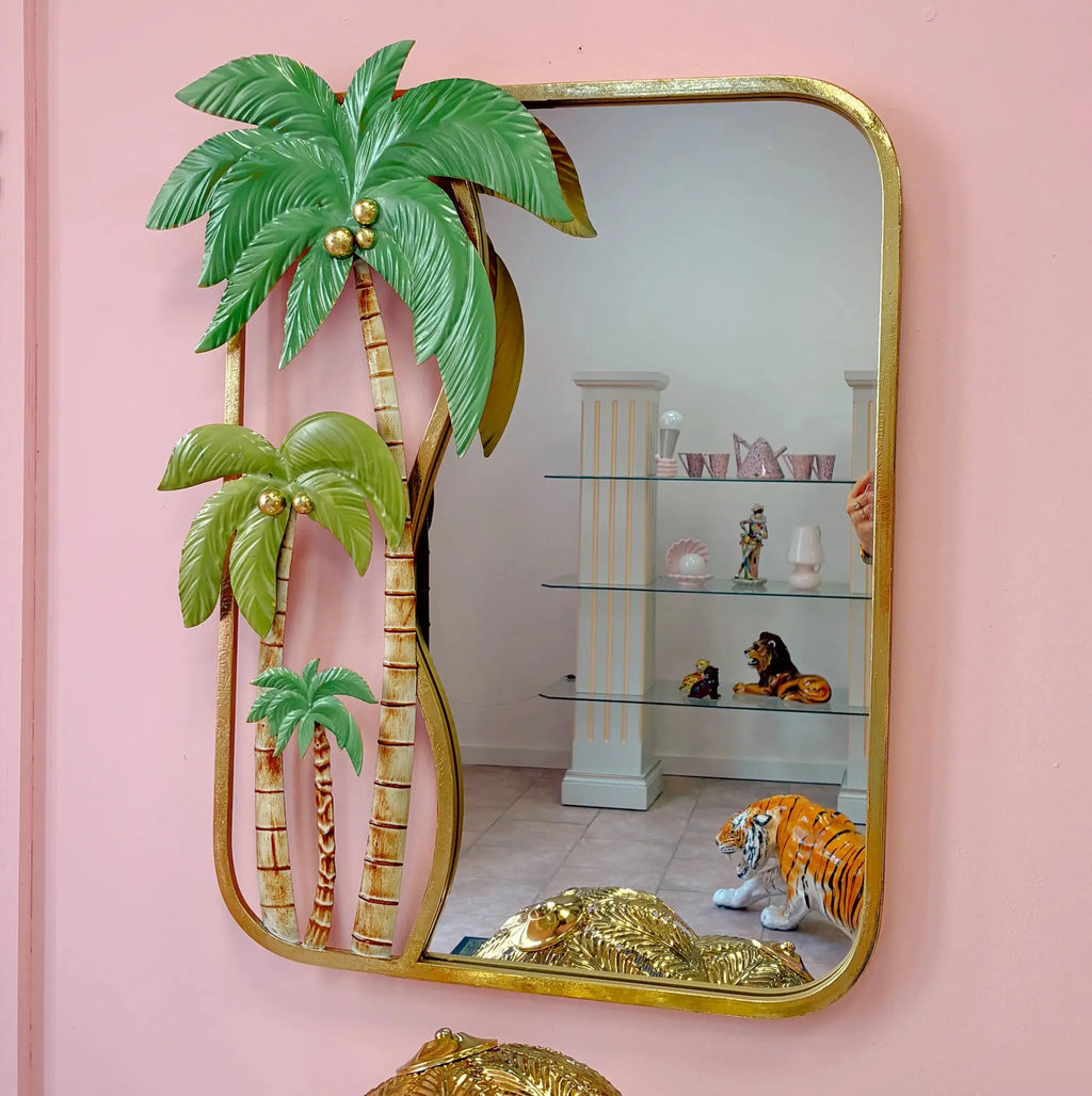 Grand miroir palmier vintage italien, métal doré, Hollywood Regency, années 70 - Club Barbara