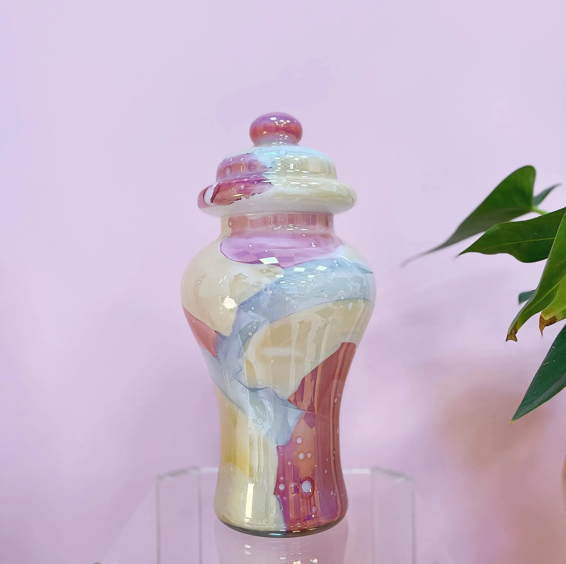 Grande bonbonnière en verre soufflé marbré pastel, Italie, années 80 - Club Barbara