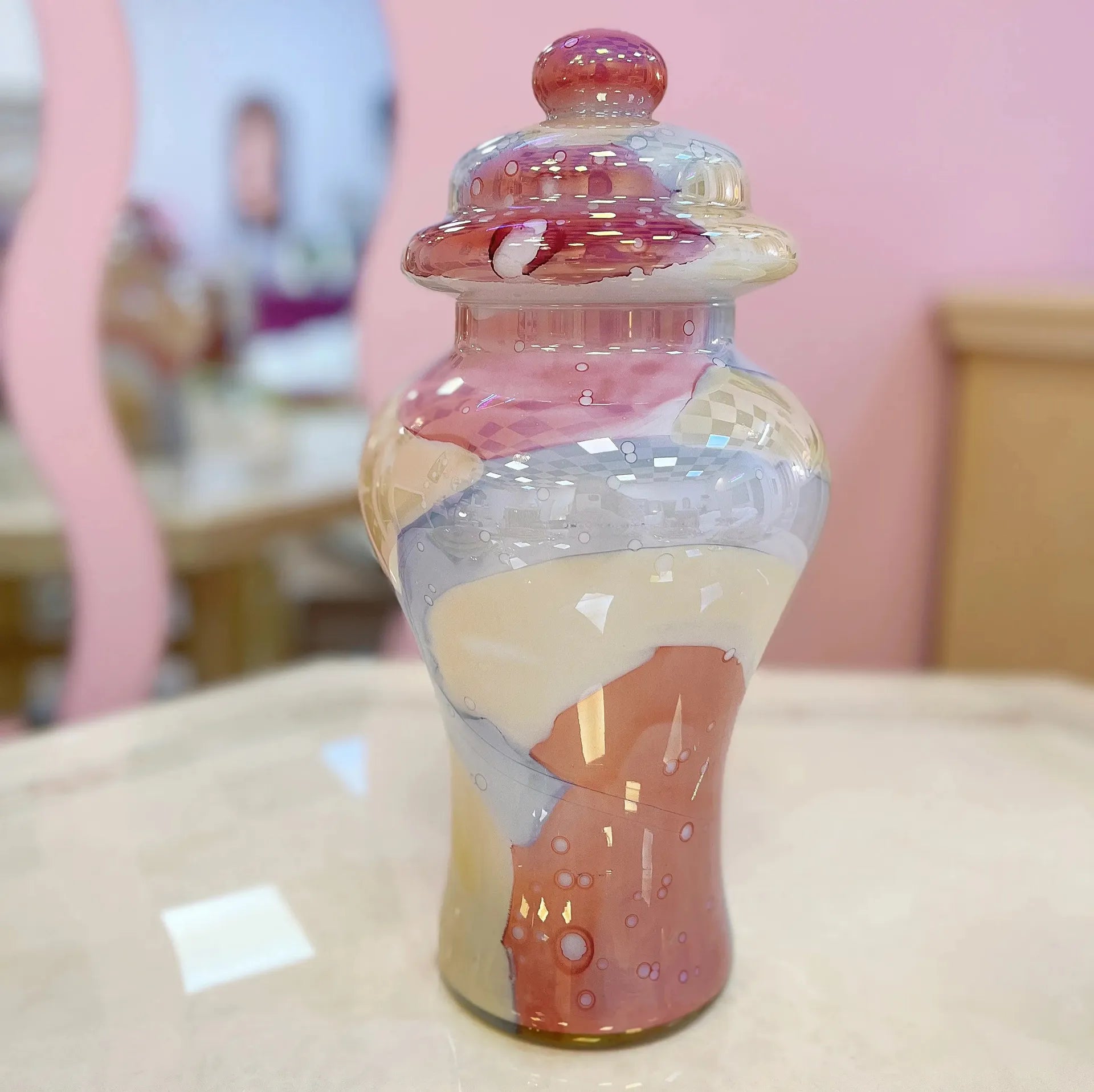 Grande bonbonnière en verre soufflé marbré pastel, Italie, années 80 - Club Barbara